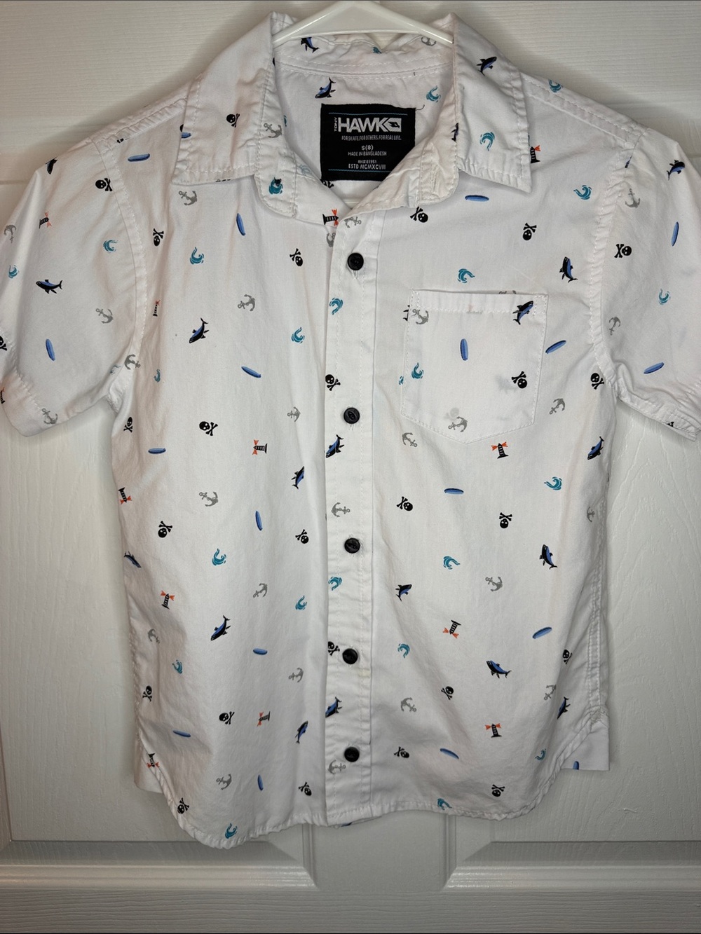 Tony Hawk White Button-Down Shirt with Blue, Black & Orange Nautical Icons